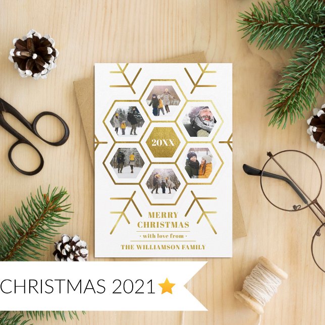 Modern Gold Foil Snowflake 6 Photo Christmas Card (Creator Uploaded)