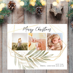 Modern Gold Foliage 3 Photo Collage Christmas Postcard