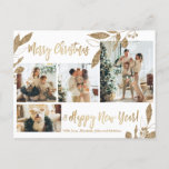 Modern Gold Foliage 4 Photo Collage Christmas Postcard<br><div class="desc">Elegant, Modern Gold and White Botanical Leaves 4 Photo Collage Merry Christmas Holiday Postcard. This festive, mimimalist, whimsical four (4) photo holiday postcard template features a pretty photo collage, faux gold foil botanical leaves, winterberries and says Merry Christmas and Happy New Year! The „Merry Christmas and Happy New Year” greeting...</div>