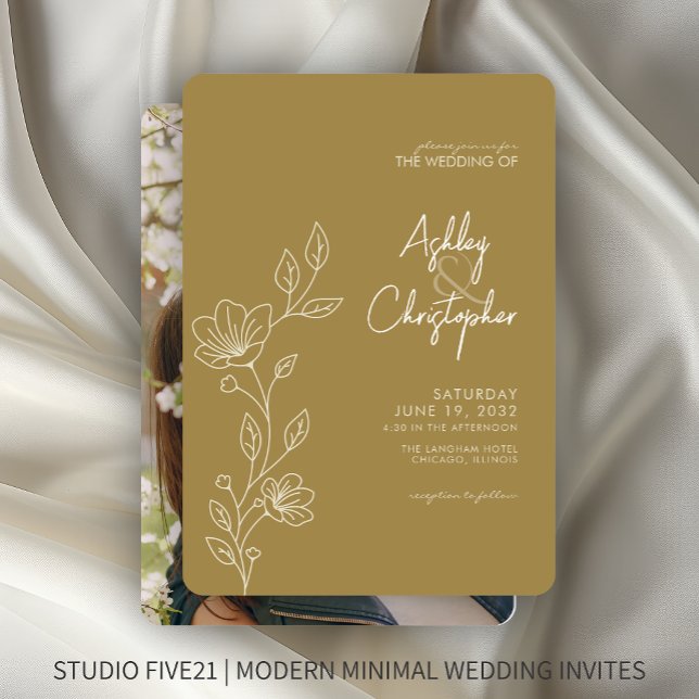 Modern Gold Foliage Outline Photo Wedding Invitation (Creator Uploaded)