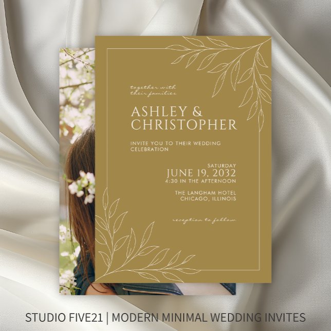 Modern Gold Foliage Outline Photo Wedding Invitation (Creator Uploaded)