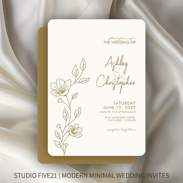 Modern Gold Foliage Outline Wedding Invitation (Creator Uploaded)