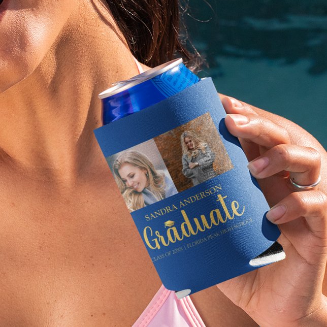 Modern Gold Font | Photo Collage Graduation Can Cooler (Creator Uploaded)