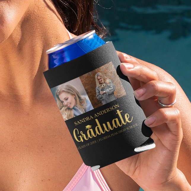 Modern Gold Font | Photo Collage Graduation Can Cooler (Creator Uploaded)