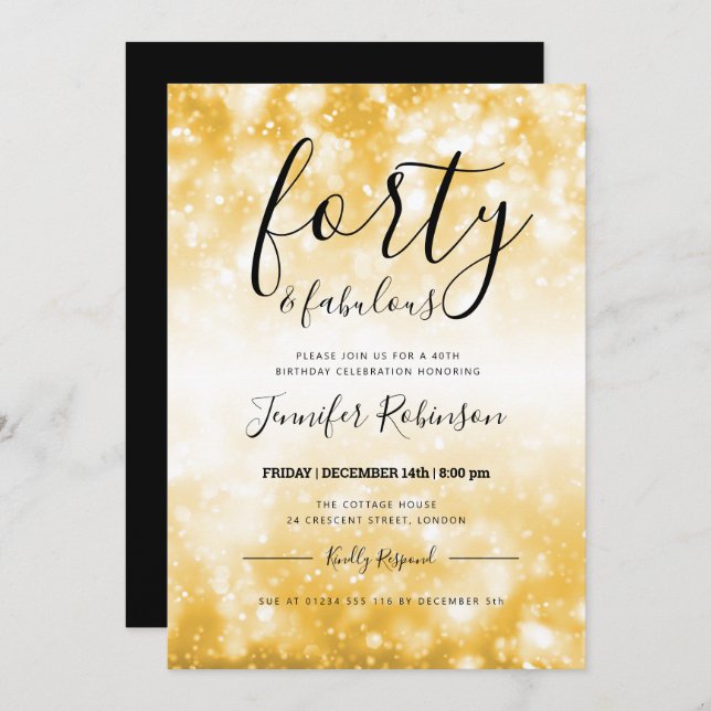 Modern Gold Forty & Fabulous 40th Birthday Invitation (Front/Back)