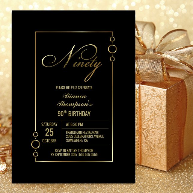 Modern Gold Frame Black 90th Birthday Party Invitation (Creator Uploaded)