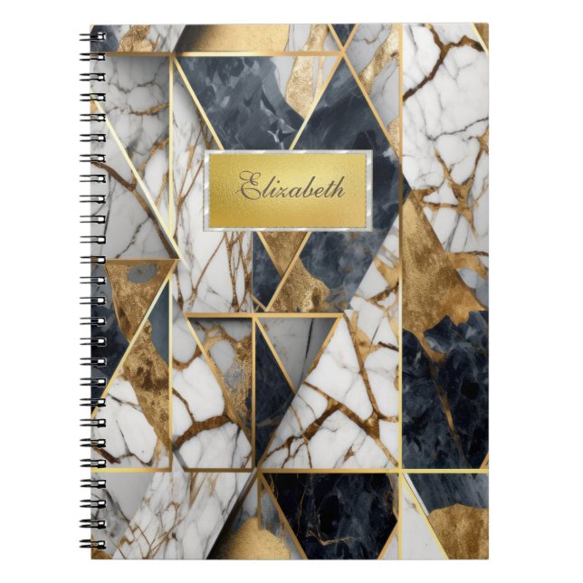 Modern Gold Frame,Black Geometric Marble  Notebook (Front)
