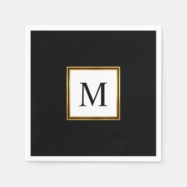 Modern Gold Frame Black White Monogram Wedding Napkin (Front)