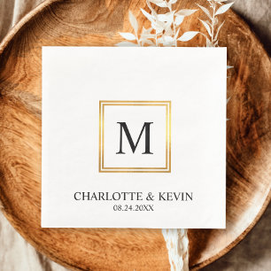 Modern Gold Frame Black White Monogram Wedding Napkin
