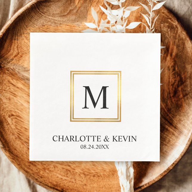 Modern Gold Frame Black White Monogram Wedding Napkin (Modern Gold Frame Black White Monogram Wedding Napkins)