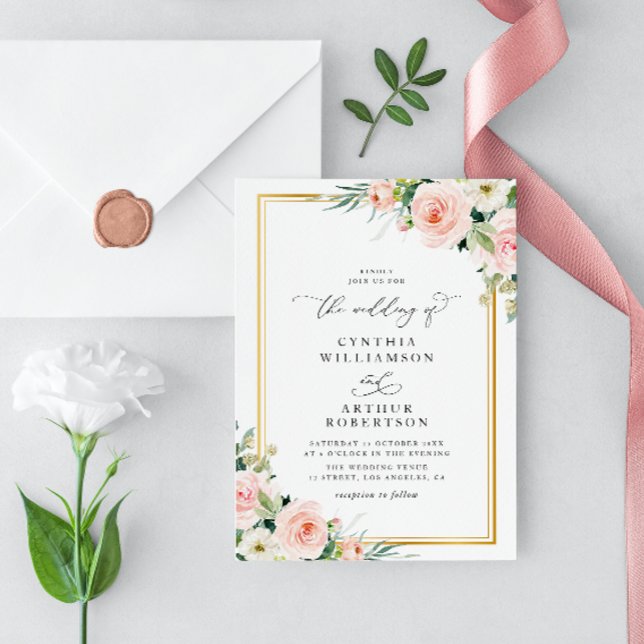 modern gold frame blush watercolor floral wedding invitation (Creator Uploaded)