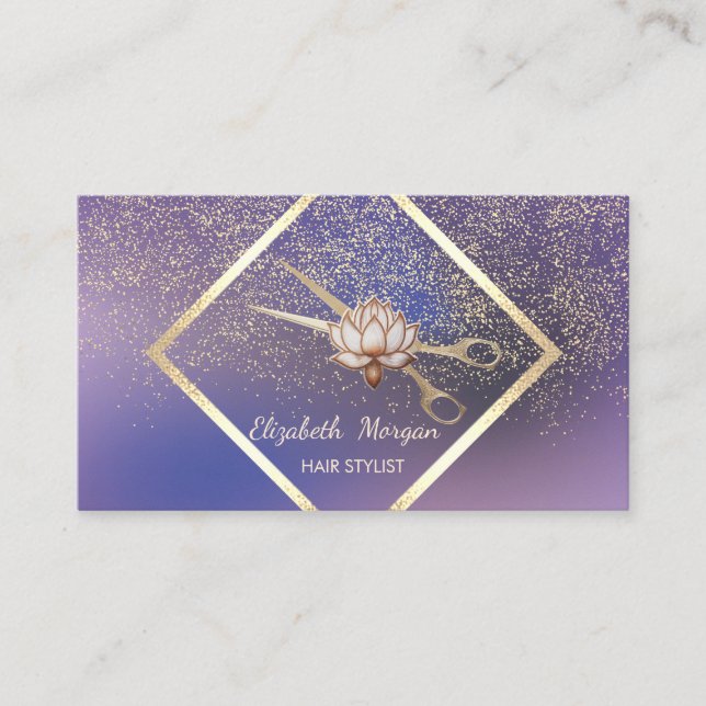 Modern Gold Frame,Confetti,Scissors Lotus Purple Business Card (Front)