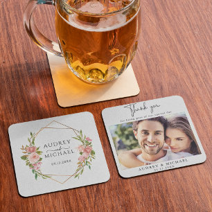 Modern Gold Frame Floral Photo Wedding Thank You Square Paper Coaster
