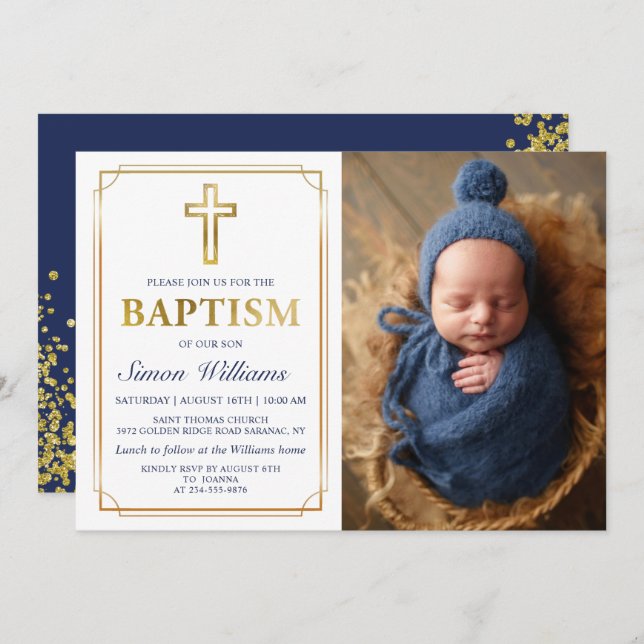 Modern Gold Frame Glitter Navy Blue Baptism Photo Invitation (Front/Back)