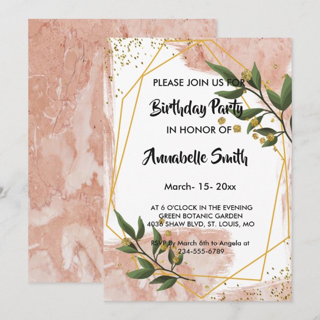 Modern Gold Frame Ivory Green Floral Birthday Invitation (Front/Back)