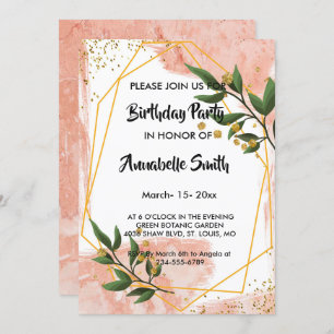 Modern Gold Frame Ivory Green Floral Birthday Invitation