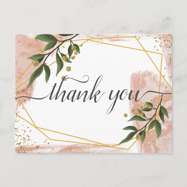 Modern Gold Frame Ivory Green Floral Thank you Postcard (Front)