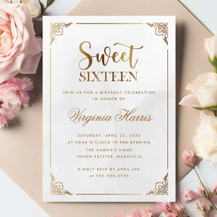 Modern Gold Frame Ornate Sweet Sixteen 16 Birthday Invitation