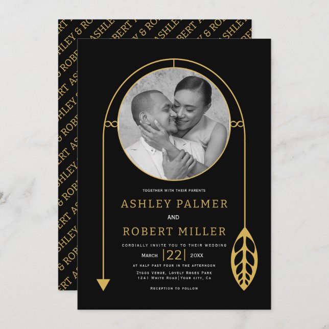 Modern gold frame with leaf and photo wedding invitation (Front/Back)