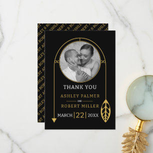 Modern gold frame with leaf and photo wedding thank you card