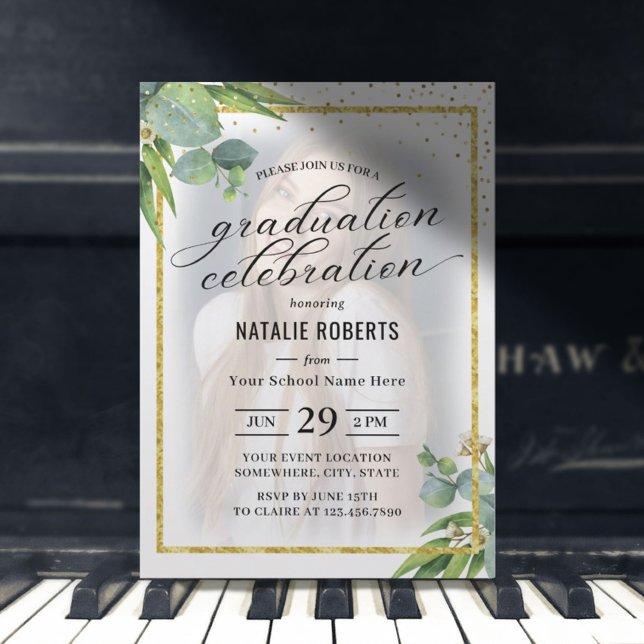Modern Gold Framed Foliage Photo Graduation Party Invitation (Creator Uploaded)