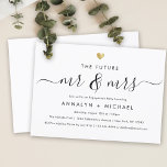 Modern Gold Future Mr and Mrs Engagement Party Invitation<br><div class="desc">This minimal engagement party invite shines through its simplicity. Beautiful script with flourishes reads "The Future Mr. and Mrs" alongside your personal celebration details in modern typography. Above sits a delicate faux gold heart. This is the updated version.</div>