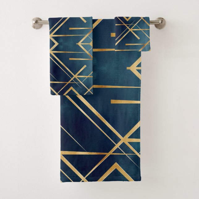 Modern Gold Geometric Blue Design Bath Towel Set (Insitu)
