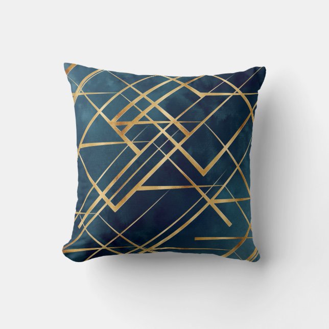 Modern Gold Geometric Blue Design Cushion (Front)