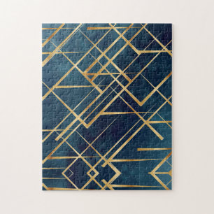 Modern Gold Geometric Blue Design Jigsaw Puzzle