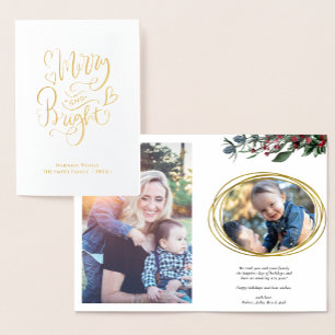 Modern Gold Geometric Circle Red Holly Berries Foil Card