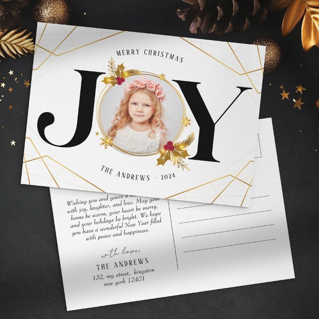 Modern Gold Geometric Family Photo Christmas Holiday Postcard (Creator Uploaded)