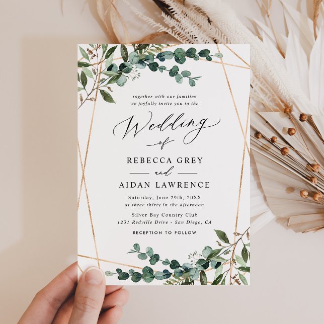 Modern Gold Geometric Greenery Wedding Invitation (Creator Uploaded)