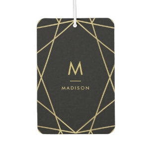 Modern Gold Geometric Pattern on Black Monogram Car Air Freshener