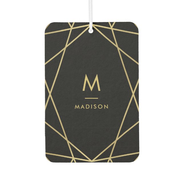 Modern Gold Geometric Pattern on Black | Monogram Car Air Freshener (Front)