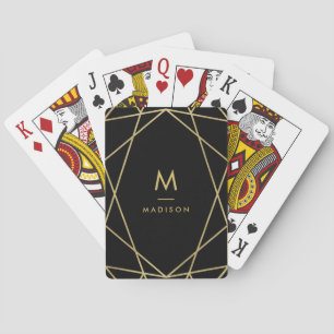 Modern Gold Geometric Pattern on Black   Monogram Playing Cards