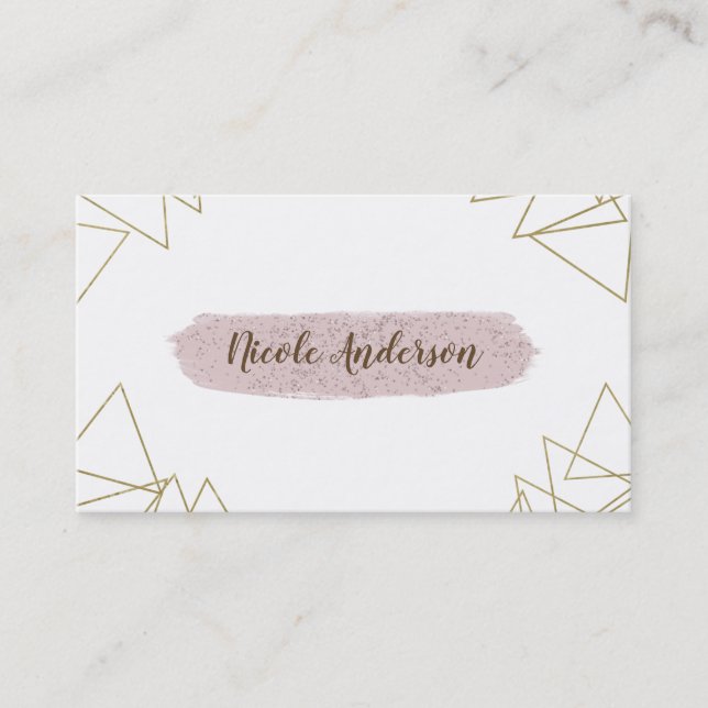 Modern Gold Geometric Triangles Pink Brush Modern Business Card (Front)