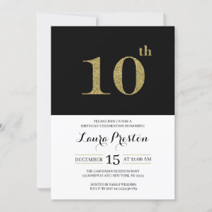 Modern Gold Glitter 10th Birthday Invitation