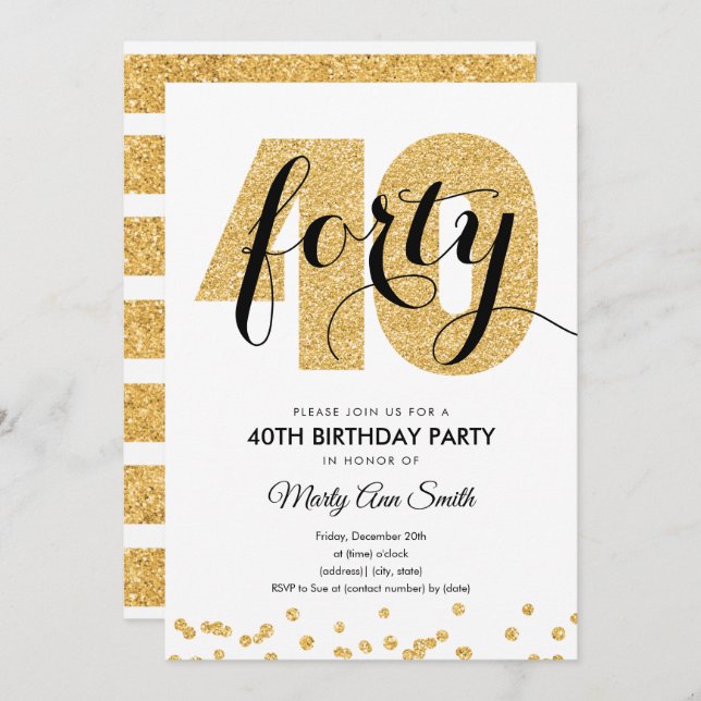 Modern Gold Glitter 40th Birthday Party Invitation (Front/Back)