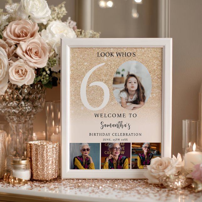 Modern gold glitter 60th Birthday 4 Photo Welcome Poster (Modern gold glitter 60th Birthday 4 Photo Welcome Poster)