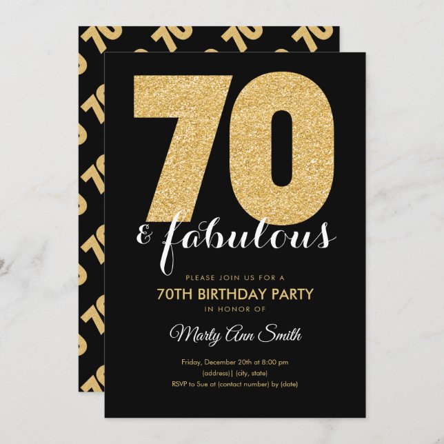 Modern Gold Glitter 70 & Fabulous Birthday Party Invitation (Front/Back)