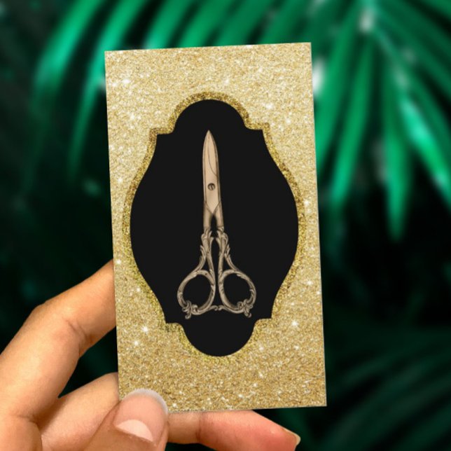 Modern Gold Glitter Antique Scissor Hair Stylist Business Card (Creator Uploaded)