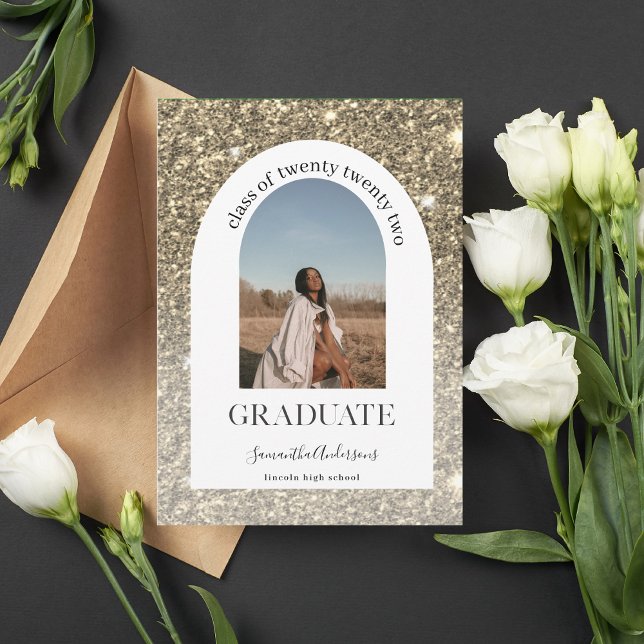 Modern Gold Glitter Arch Graduation Photo Invitation (Creator Uploaded)