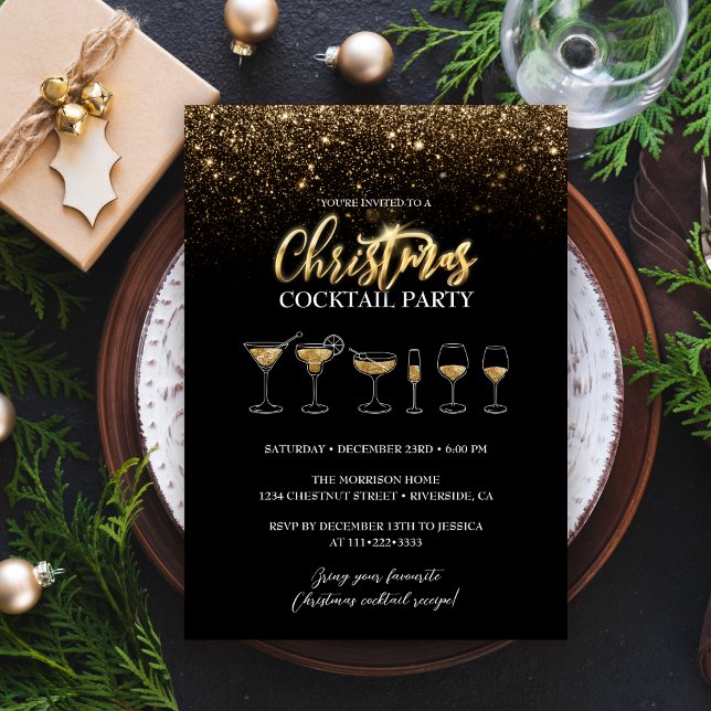 Modern Gold Glitter Black Christmas Cocktail Party Invitation (Creator Uploaded)