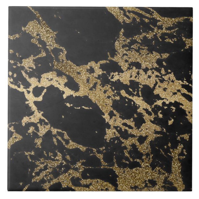 Modern Gold Glitter Black Marble Ceramic Tile (Front)