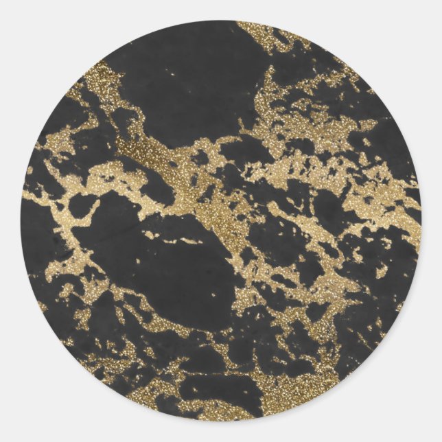 Modern Gold Glitter Black Marble Classic Round Sticker (Front)