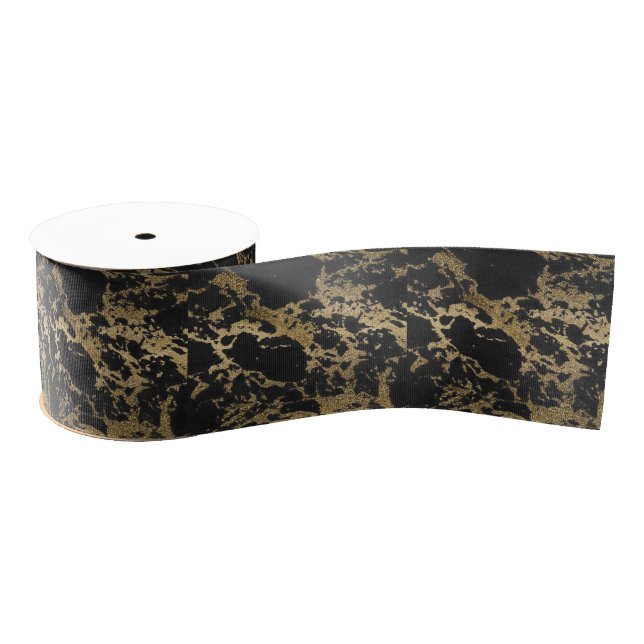 Modern Gold Glitter Black Marble Grosgrain Ribbon (Spool)