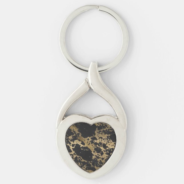 Modern Gold Glitter Black Marble Key Ring (Front)