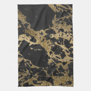 Modern Gold Glitter Black Marble Tea Towel