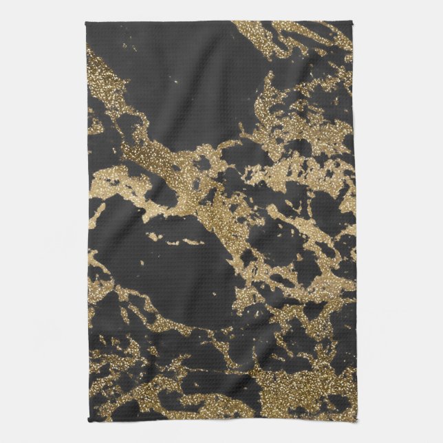 Modern Gold Glitter Black Marble Tea Towel (Vertical)