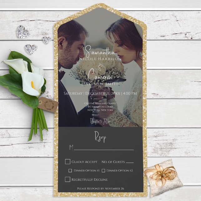 Modern Gold Glitter Black Photo Dinner All In One Invitation (Creator Uploaded)
